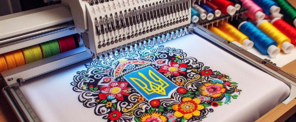 Процес вишивання машини на полотні українский орнамент і тризуб.